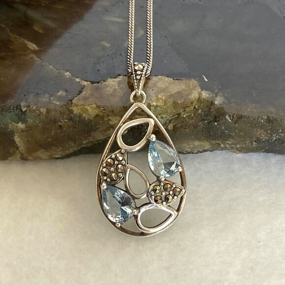 Sterling Silver 925 SLC Blue Topaz Marcasite Teardrop Pendant Necklace 18" Chain - Picture 3 of 16